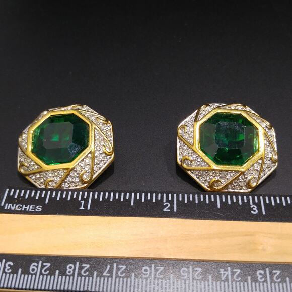 Swarovski Green Octagon Crystal Earrings, Clip On, Gold Plated, Swan Logo - Picture 5 of 10